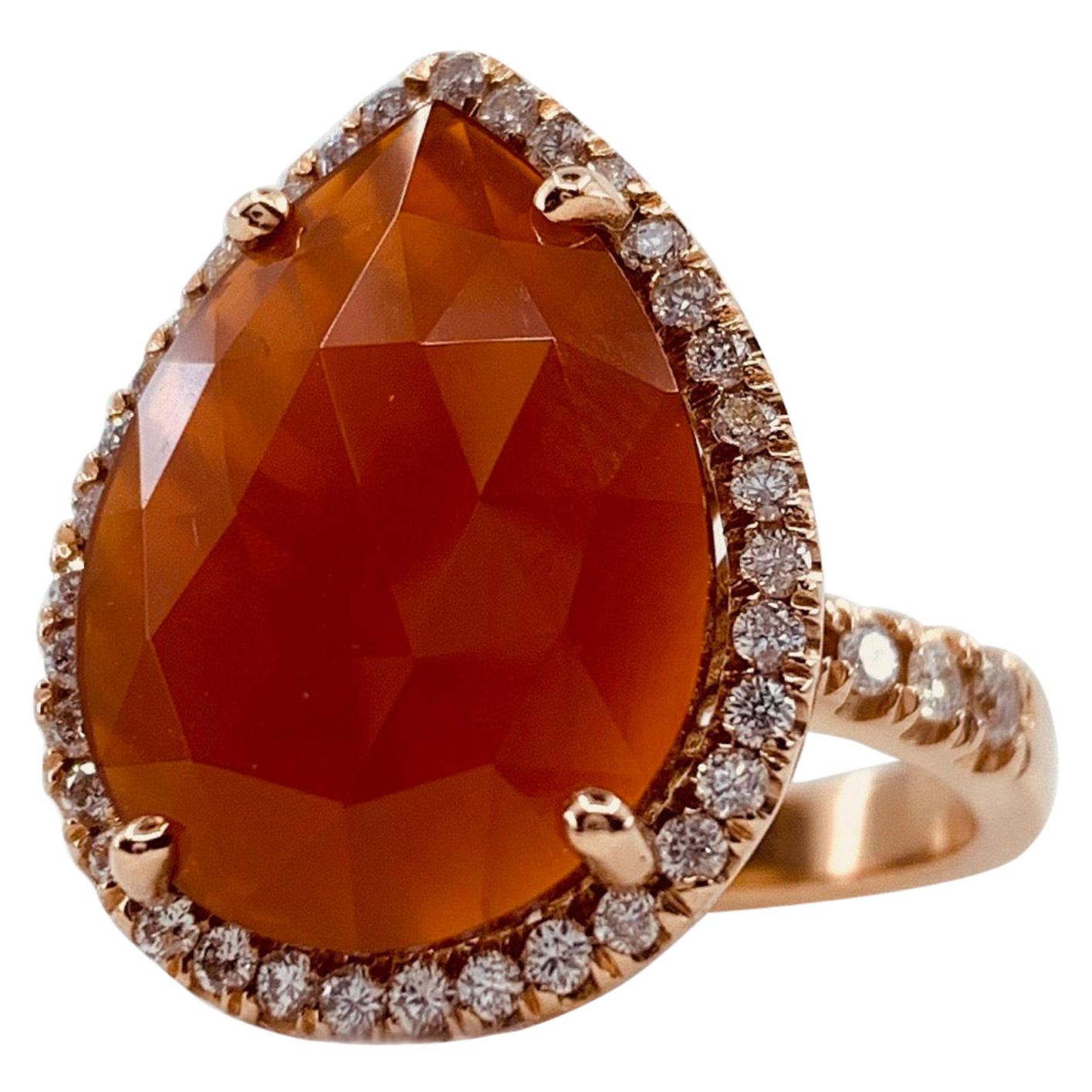 Contemporary Faceted 4.0 Carat Carnelian Slice Pear-Shaped Diamond Halo Ring in Rose Gold