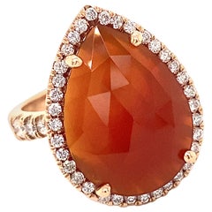 Faceted 4.0 Carat Carnelian Slice Pear-Shaped Diamond Halo Ring in Rose Gold