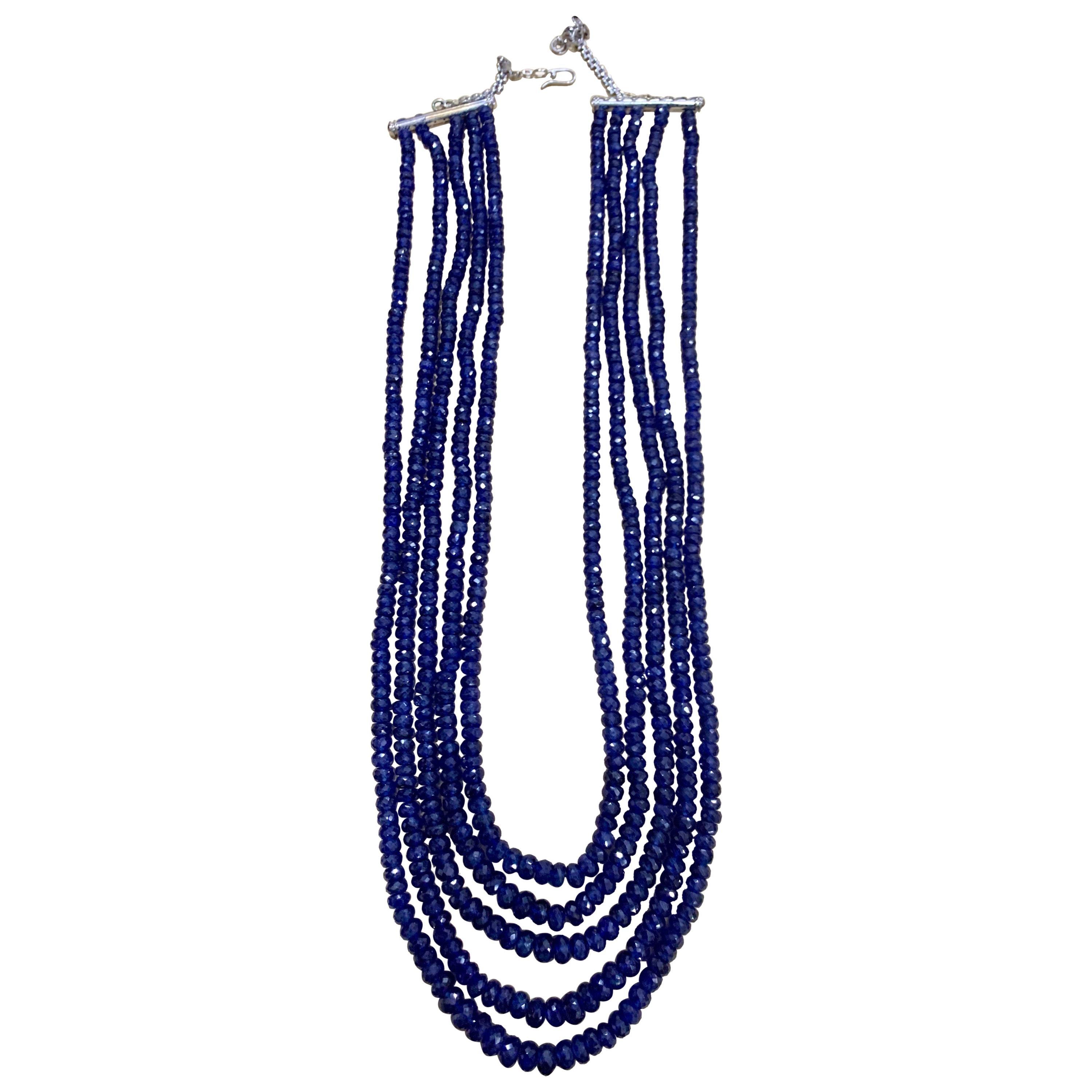 Faceted 980 Carat Natural Tanzanite Bead Five-Strand Necklace 14 Karat Gold For Sale