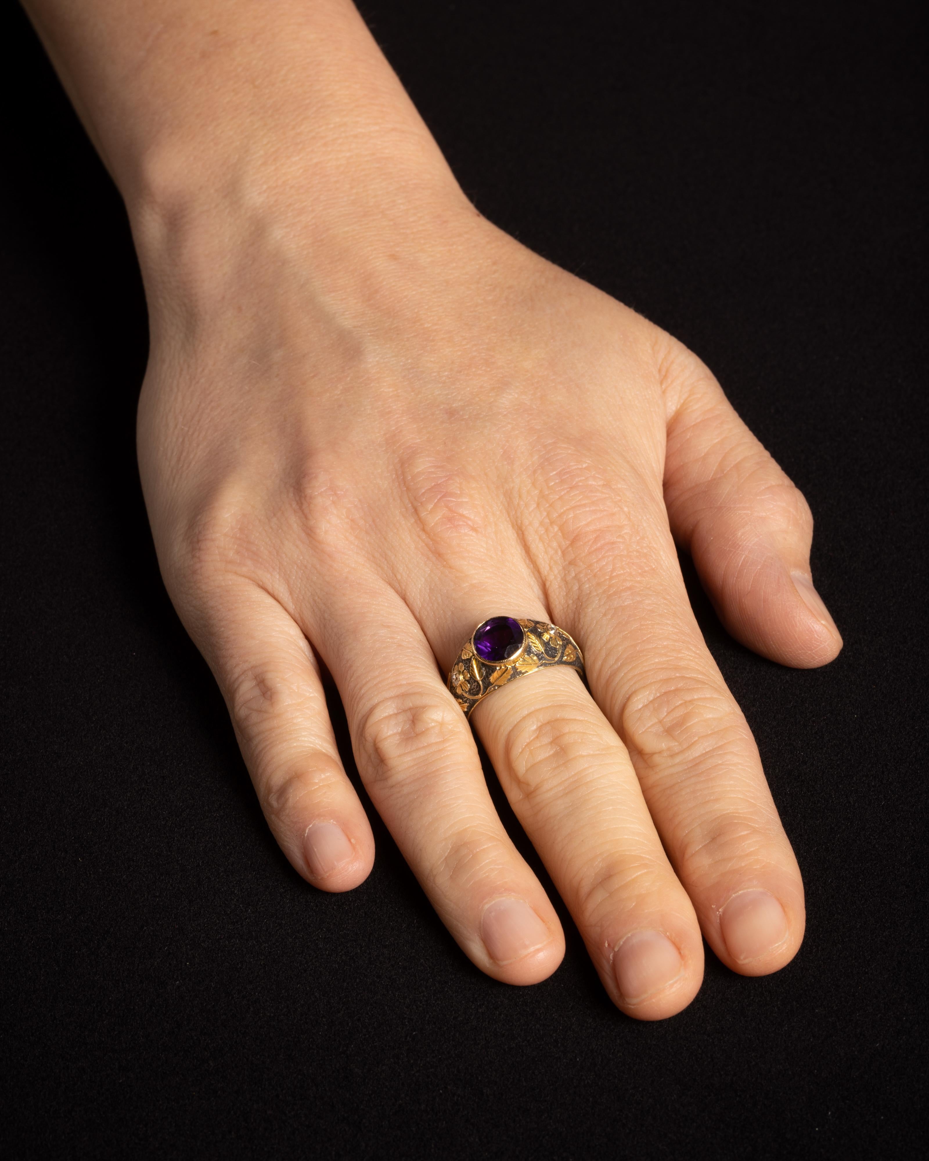 Women's or Men's Faceted Amethyst and Diamond Ring in 18K Gold and Sterling