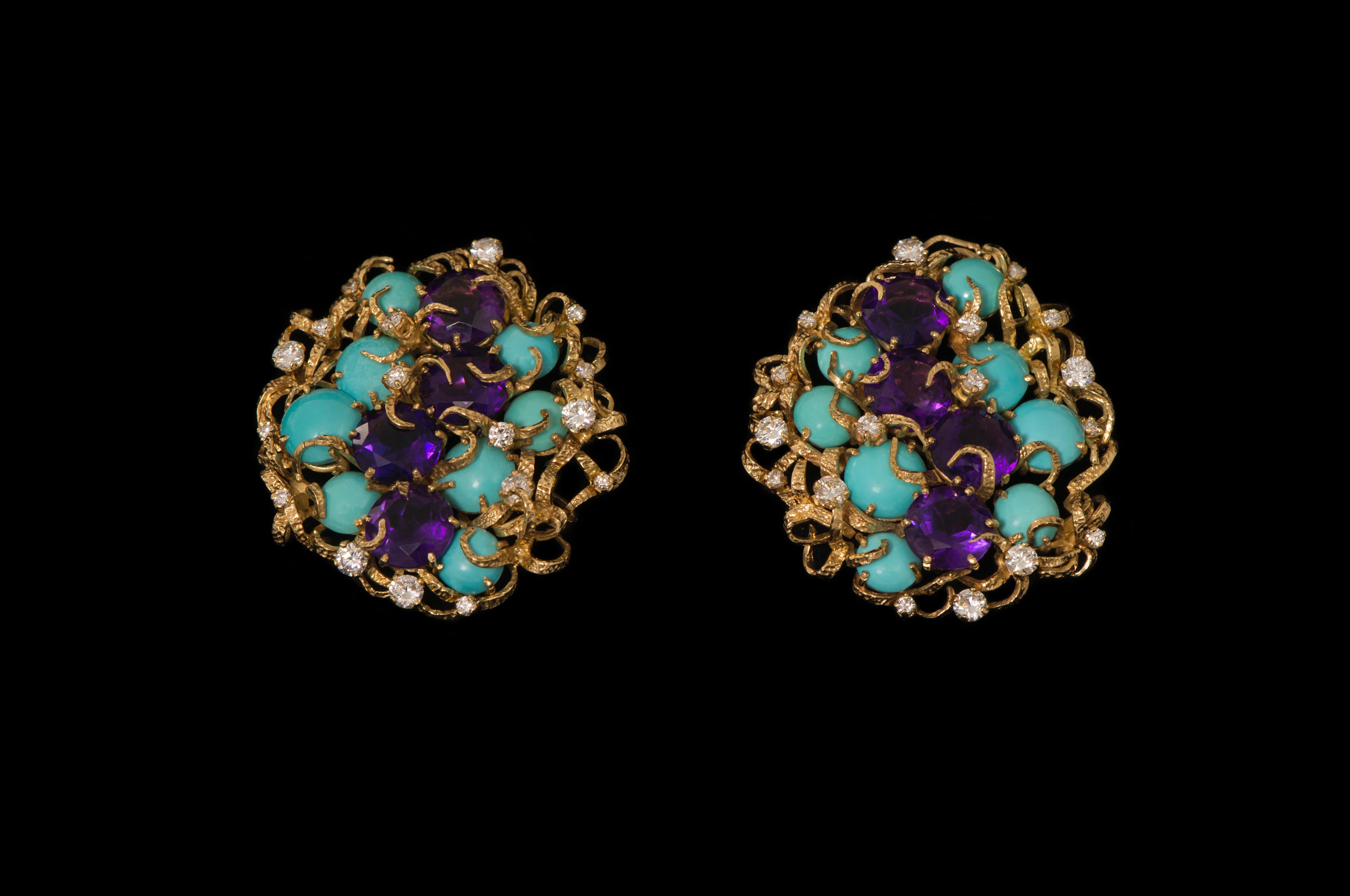 A pair of faceted amethyst, cabochon turquoise, diamond, and 18 karat gold clip on earrings. 

The earrings are stamped ABJ, 750 and have London Hallmarks dated with letter 