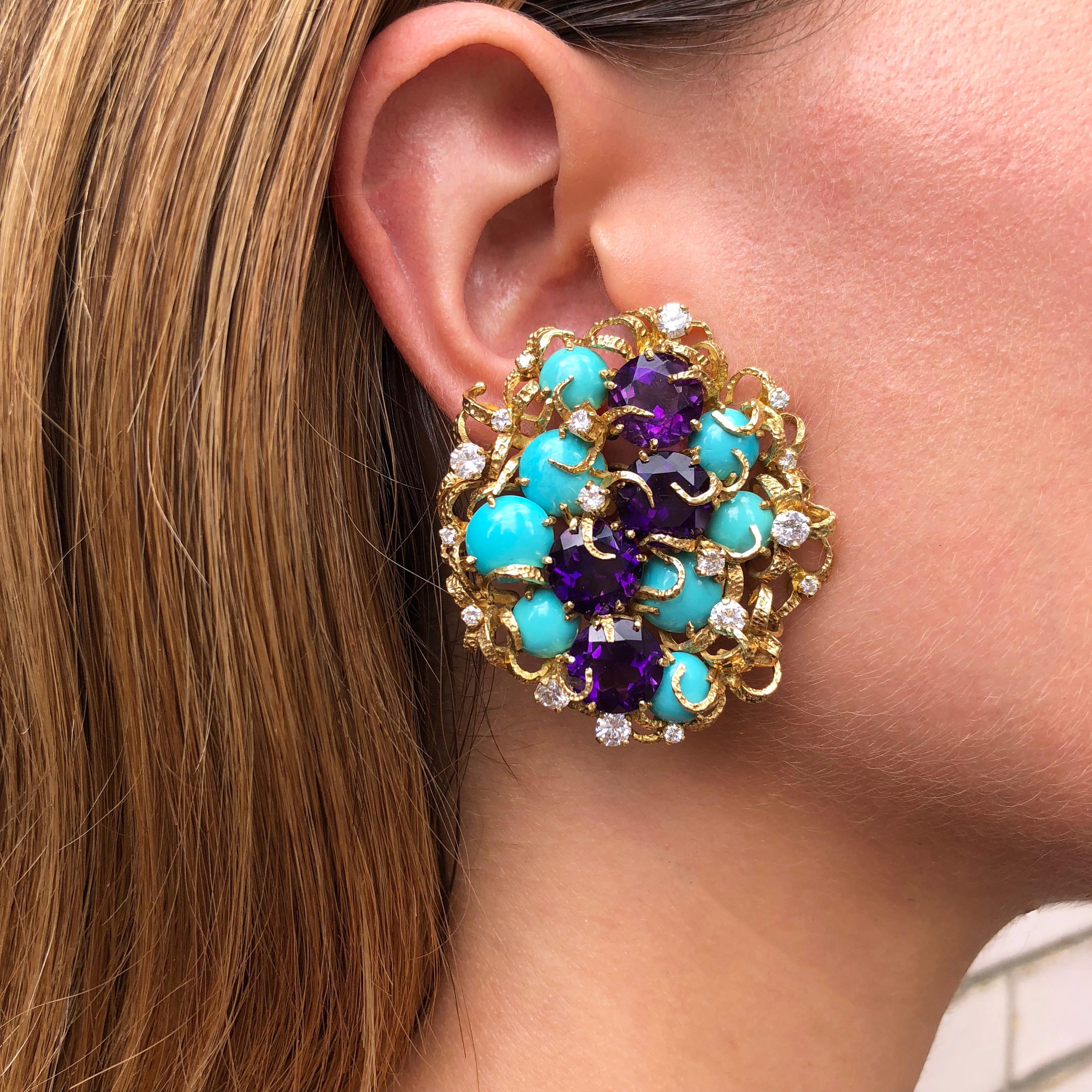 Modernist Faceted Amethyst, Cabochon Turquoise, Diamond and Gold Earrings