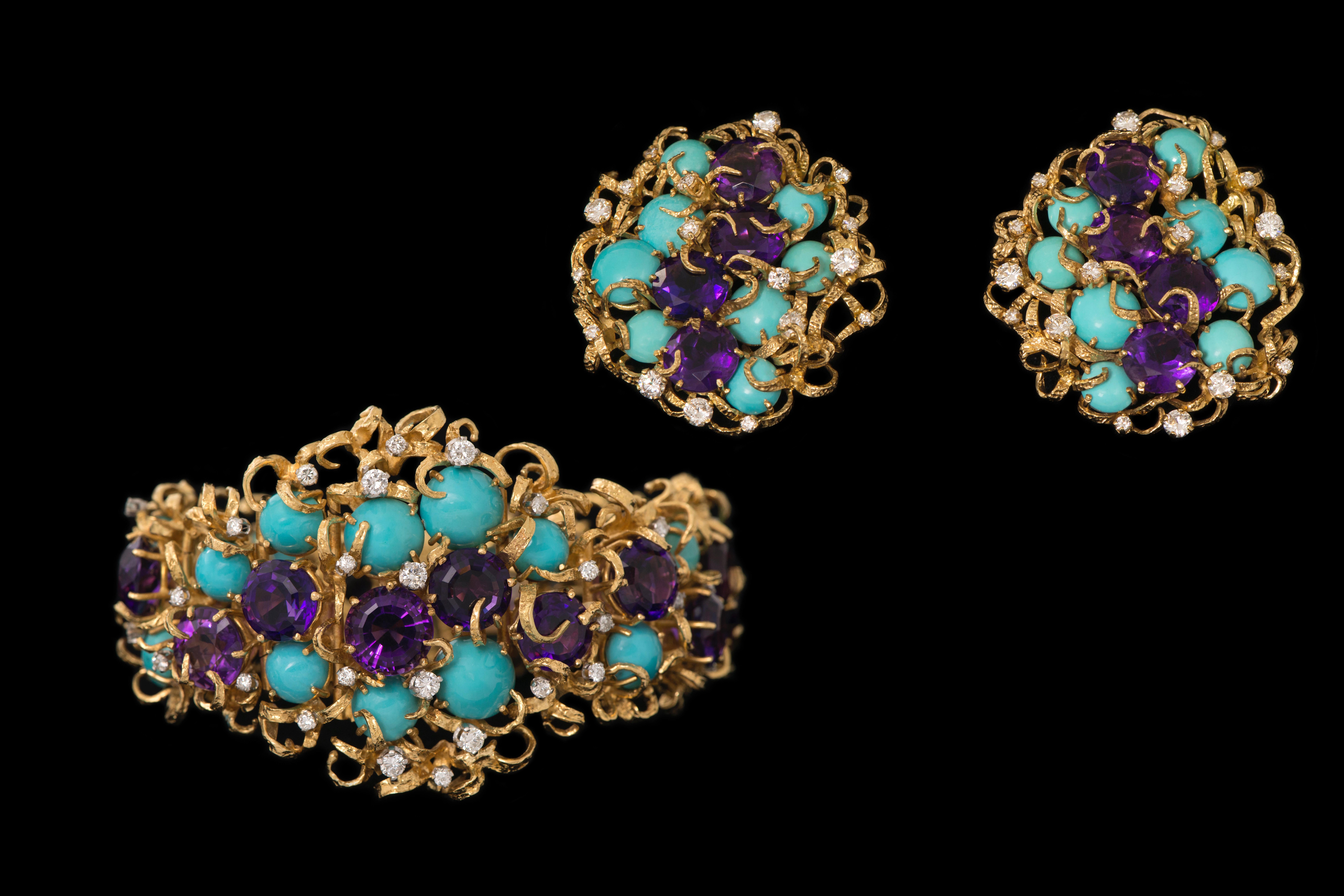 Faceted Amethyst, Cabochon Turquoise, Diamond and Gold Earrings In Excellent Condition In New York, NY