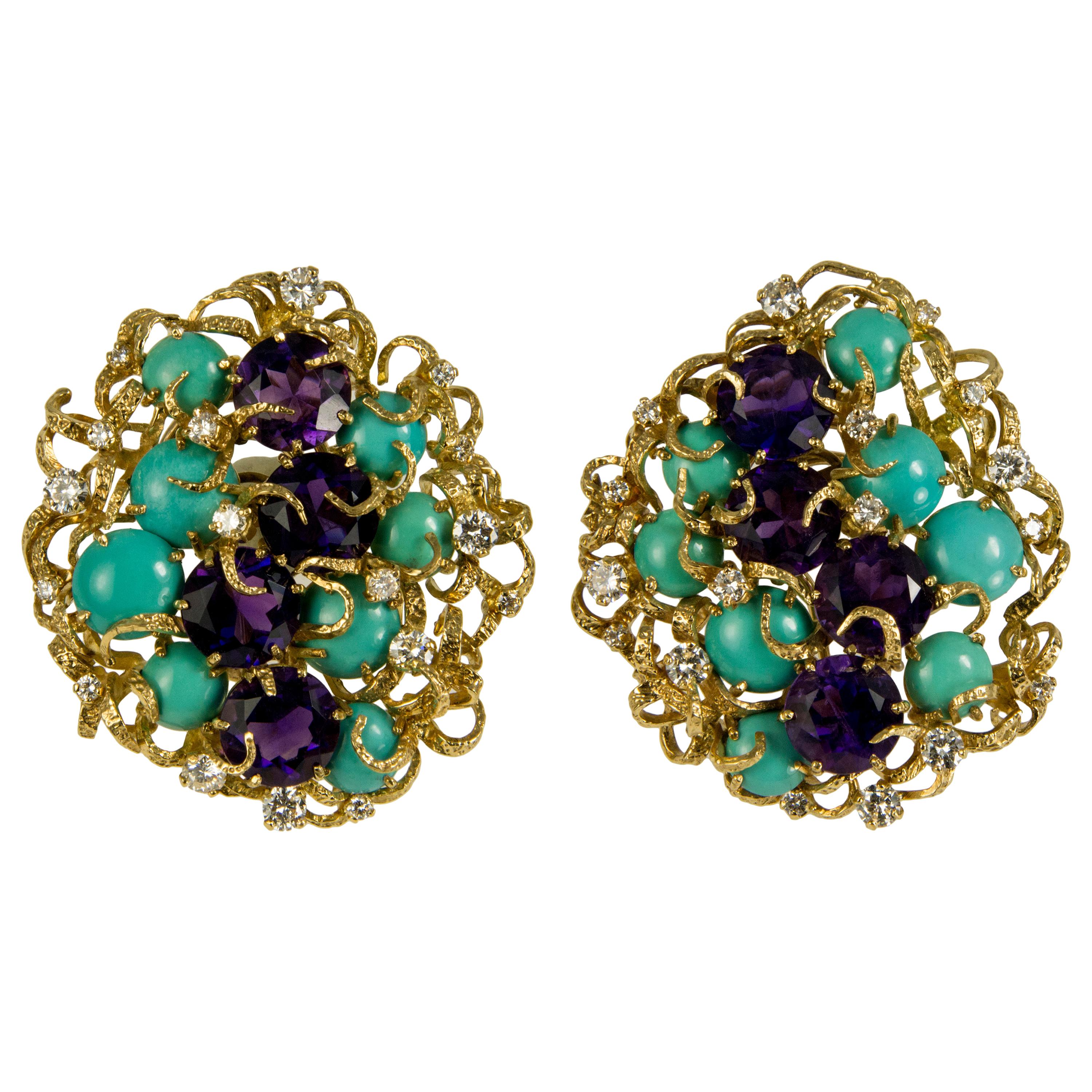Faceted Amethyst, Cabochon Turquoise, Diamond and Gold Earrings