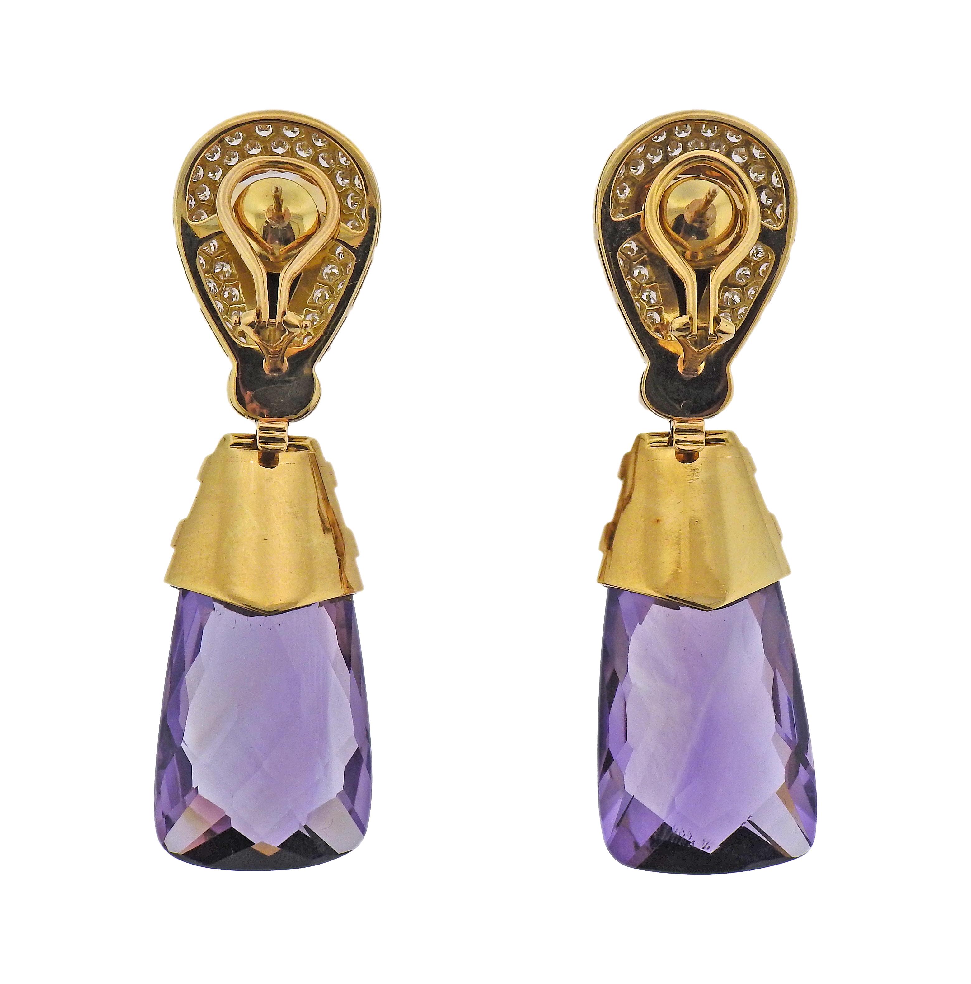 Pair of 18k gold cocktail earrings, with faceted amethysts, faceted and cabochon citrines and approx. 1.00ctw in diamonds. Earrings measure 2 3/8