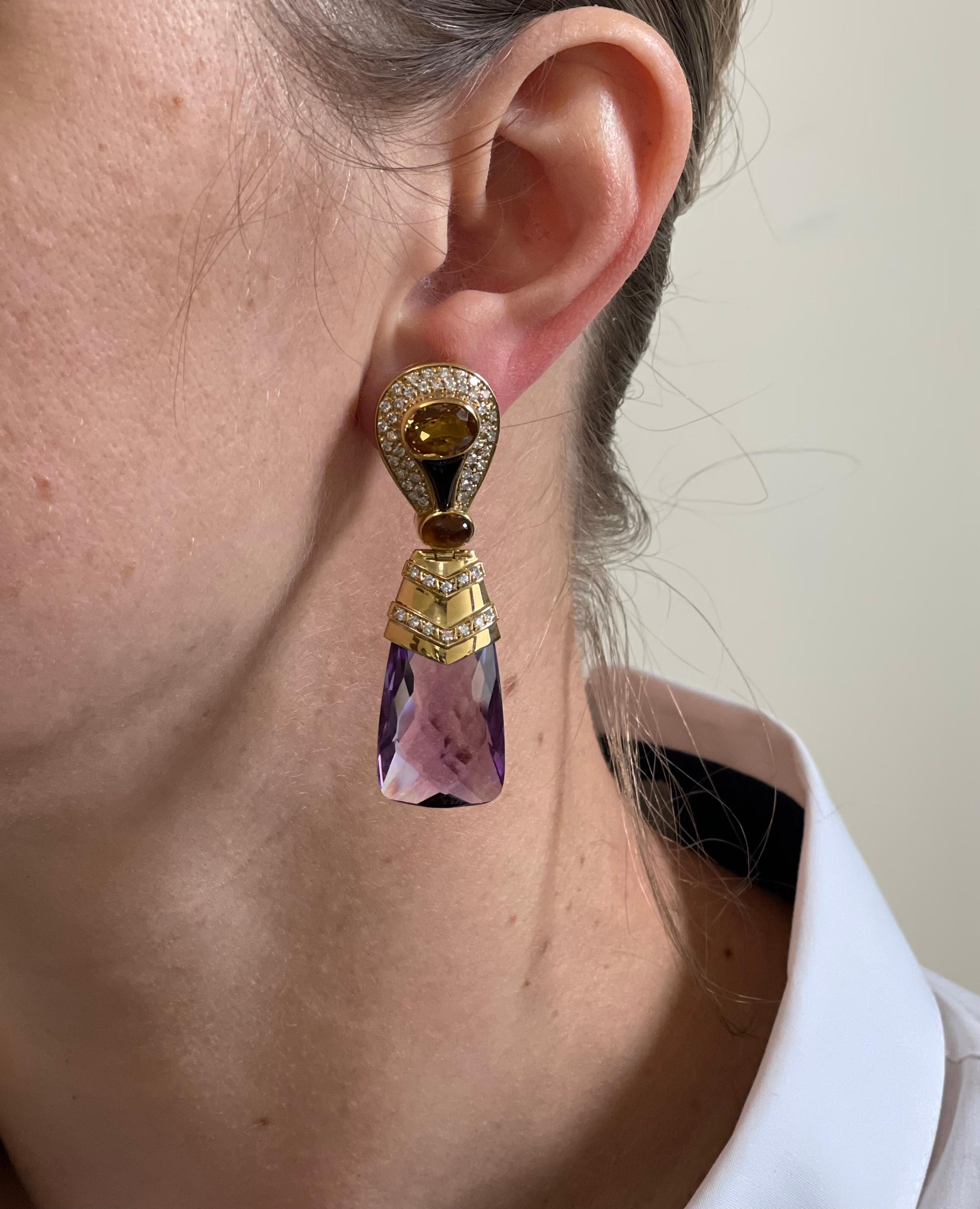 Women's Faceted Amethyst Citrine Diamond Gold Cocktail Earrings For Sale