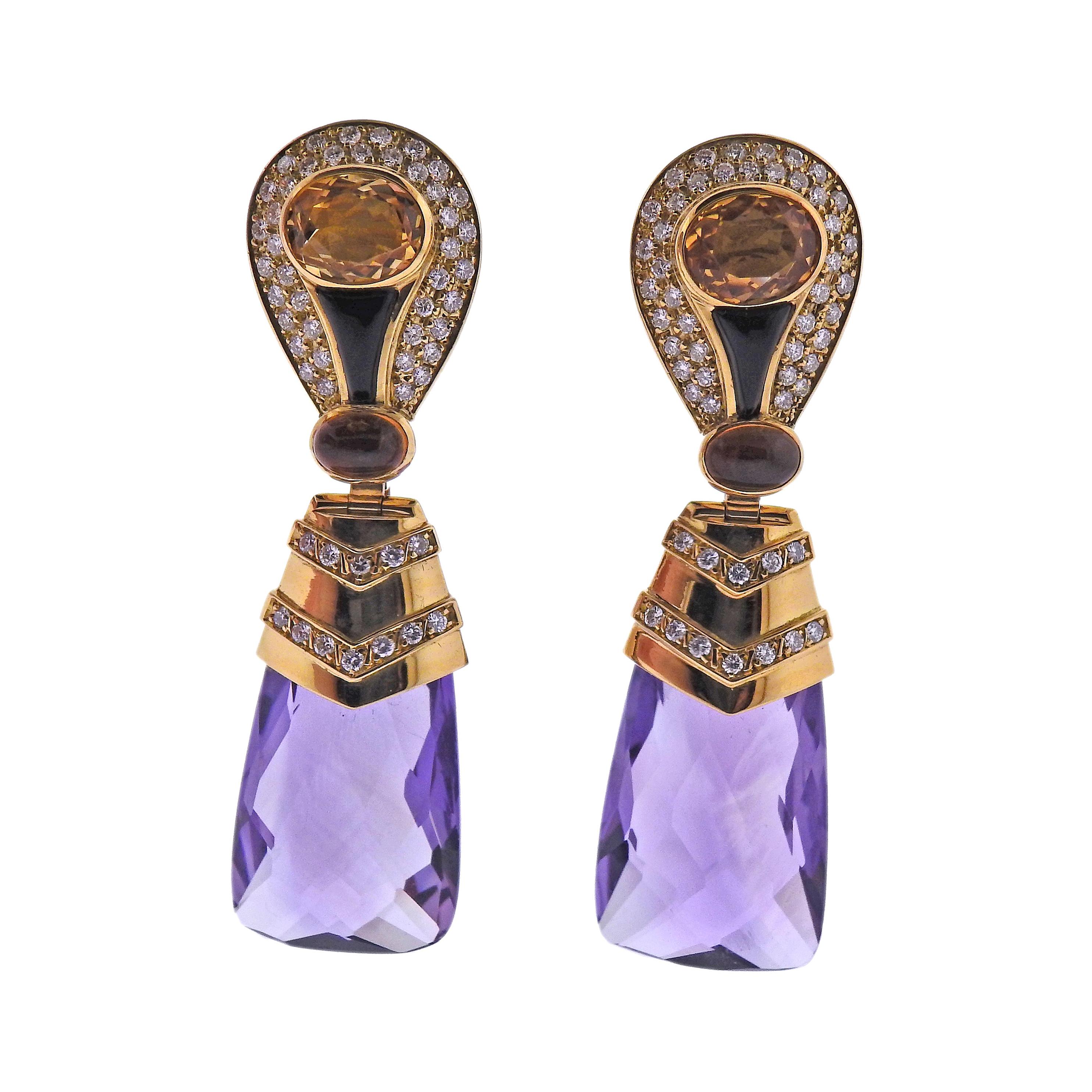 Faceted Amethyst Citrine Diamond Gold Cocktail Earrings For Sale