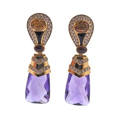 Vintage Faceted Amethyst Citrine Diamond Gold Cocktail Earrings