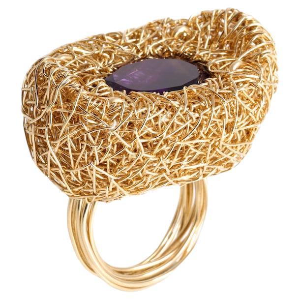 Améthyste facettée en coupe ovale en or 14kt F Bague de cocktail par l'Artistics