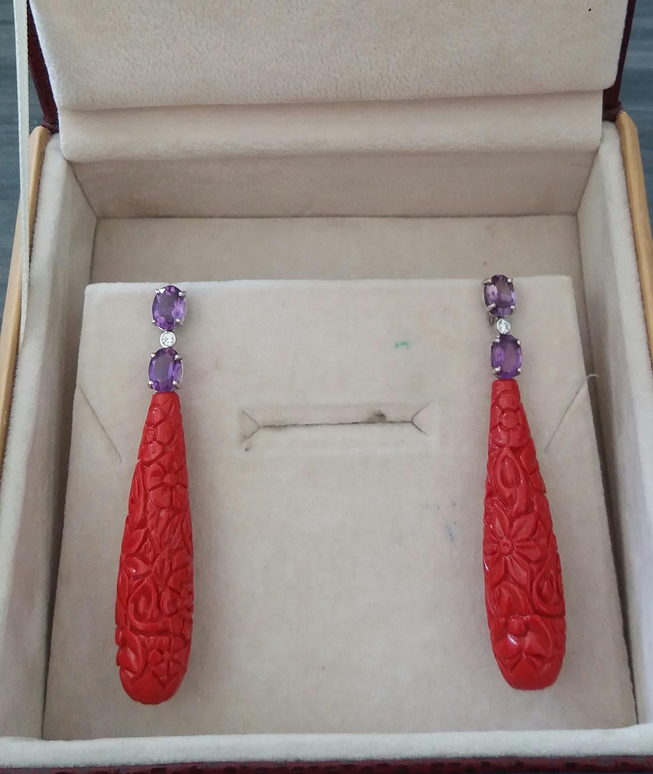 Faceted Amethyst White Gold Diamonds Carved Chinese Red Lacquer Drop Earrings For Sale 5