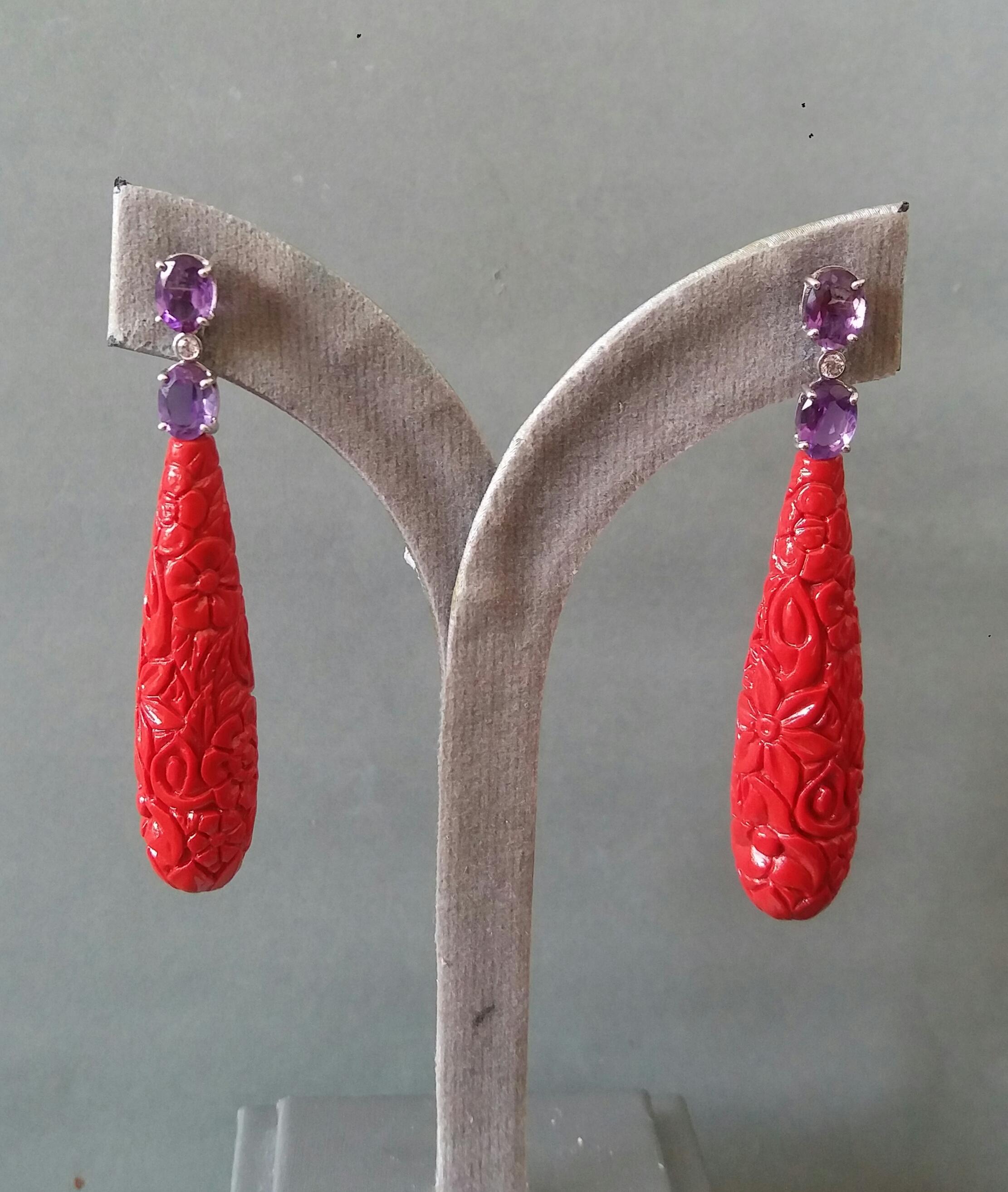 Faceted Amethyst White Gold Diamonds Carved Chinese Red Lacquer Drop Earrings For Sale 7