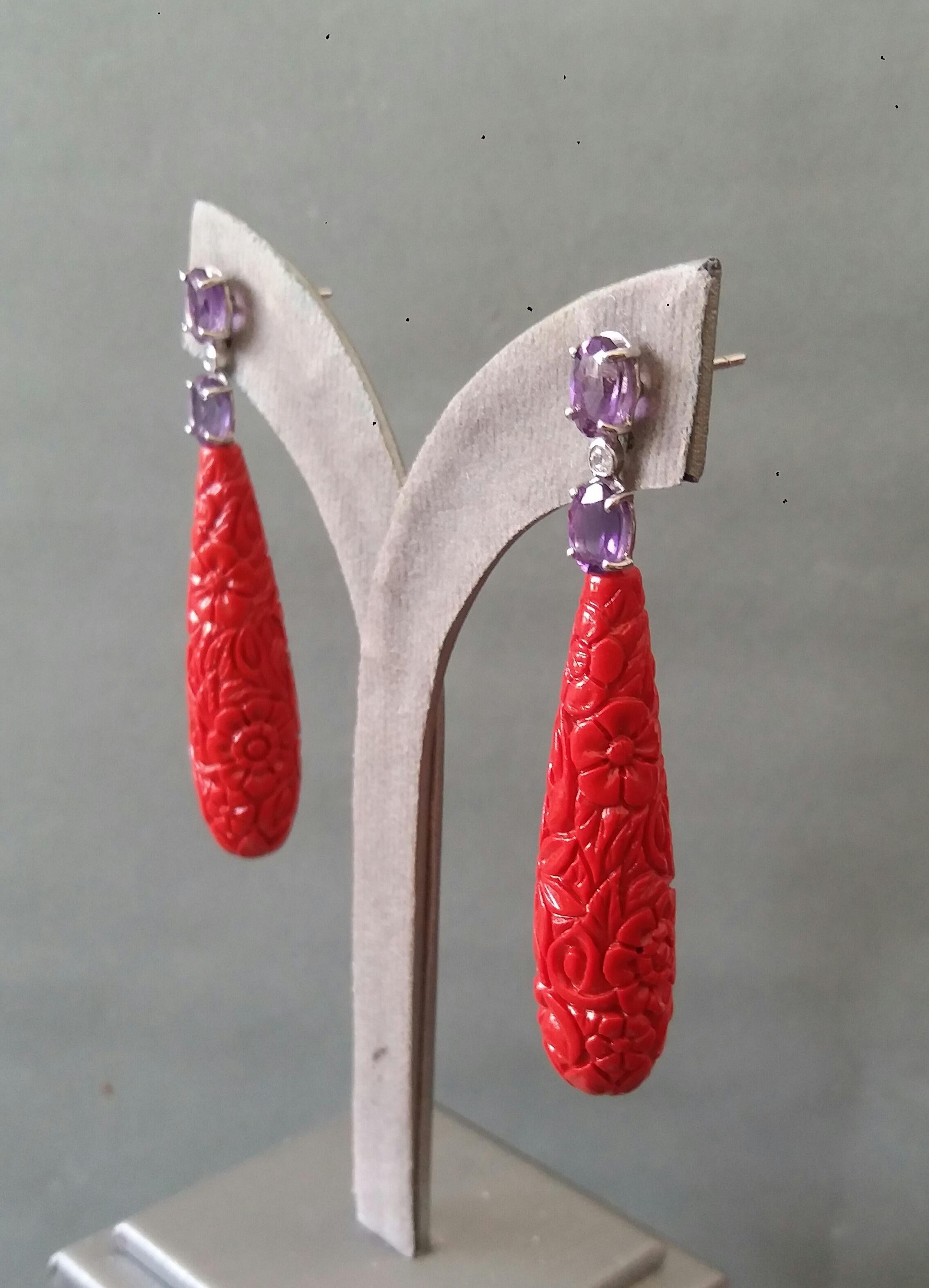 Faceted Amethyst White Gold Diamonds Carved Chinese Red Lacquer Drop Earrings For Sale 8
