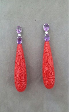 Faceted Amethyst White Gold Diamonds Carved Chinese Red Lacquer Drop Earrings