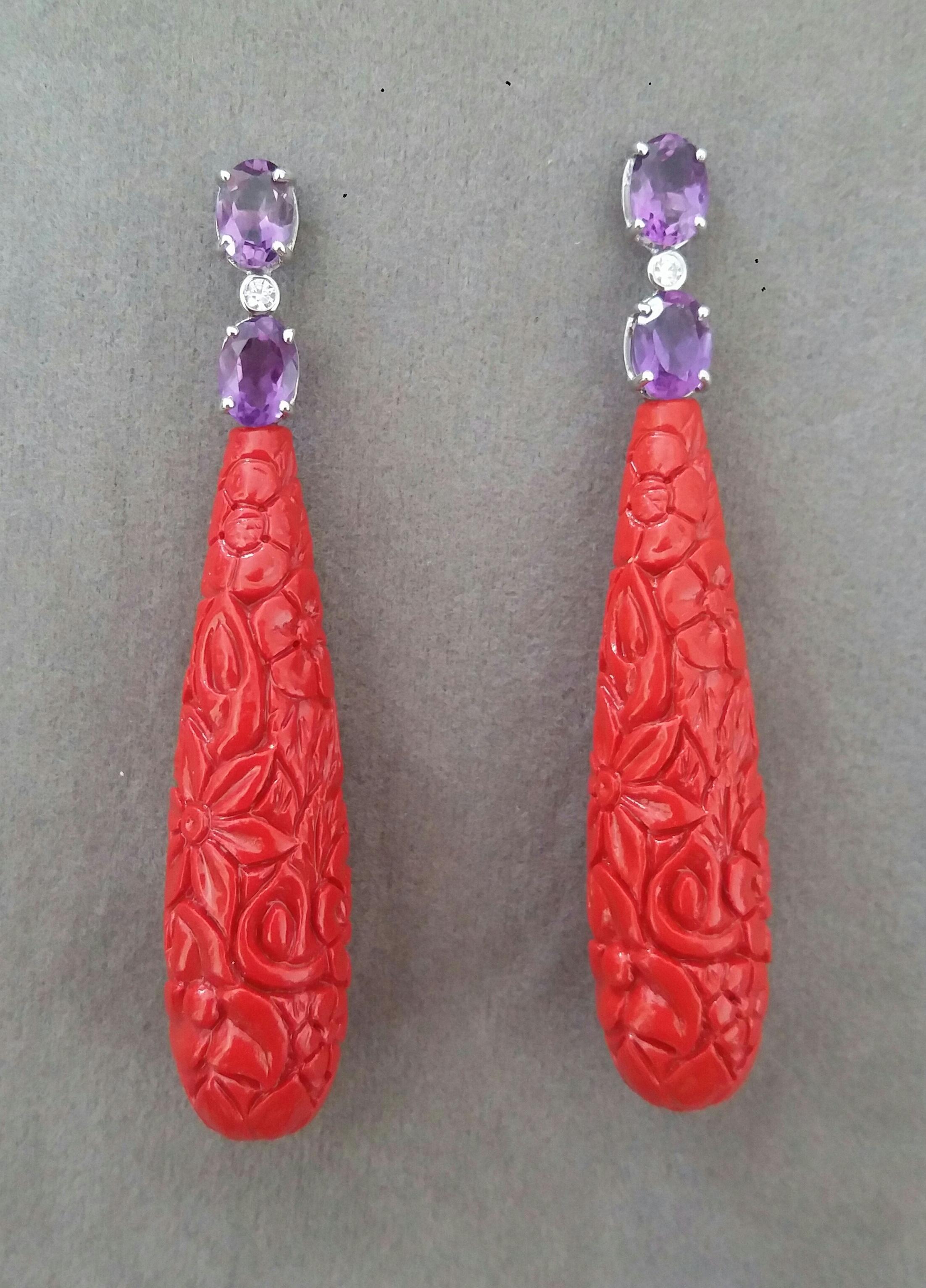 Artisan Faceted Amethyst White Gold Diamonds Carved Chinese Red Lacquer Drop Earrings For Sale
