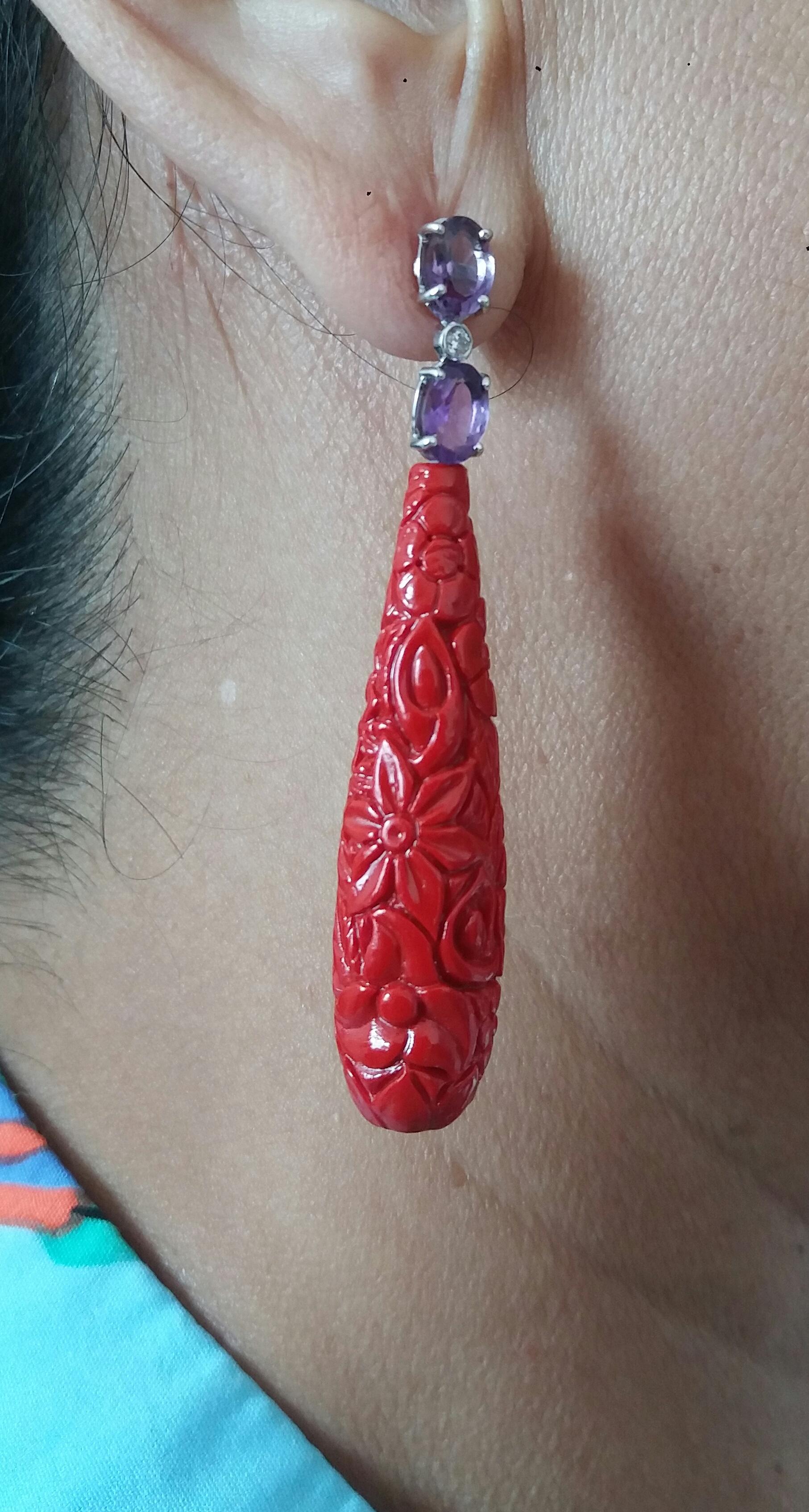  Facettierte Amethyst-Weißgold-Diamanten-Tropfen-Ohrringe mit geschnitztem chinesischem rotem Lack (Gemischter Schliff) im Angebot