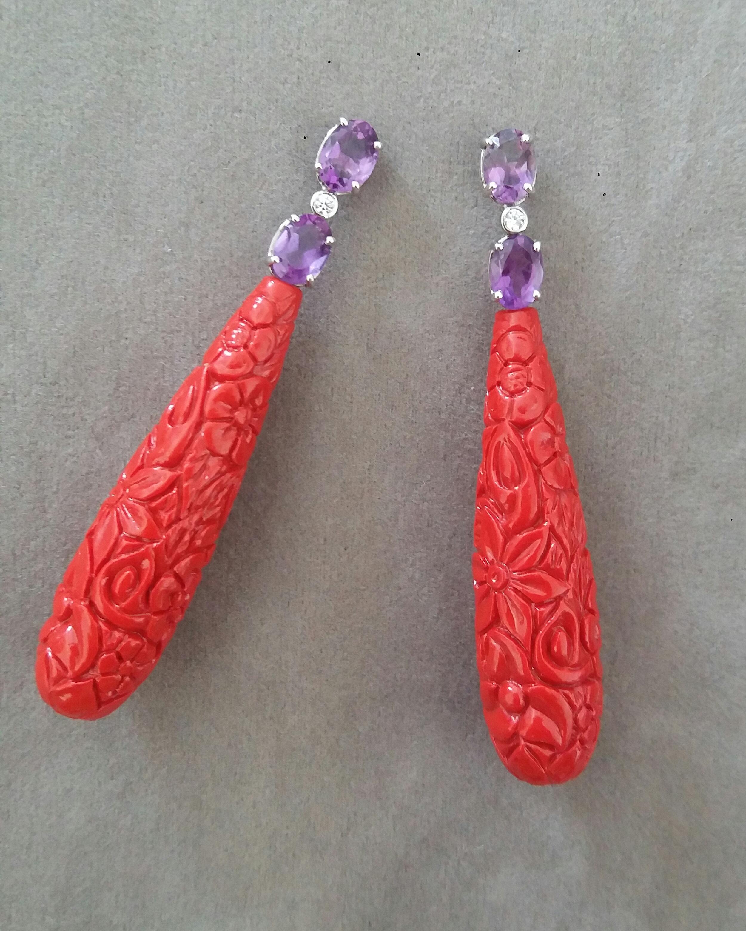 Women's Faceted Amethyst White Gold Diamonds Carved Chinese Red Lacquer Drop Earrings For Sale