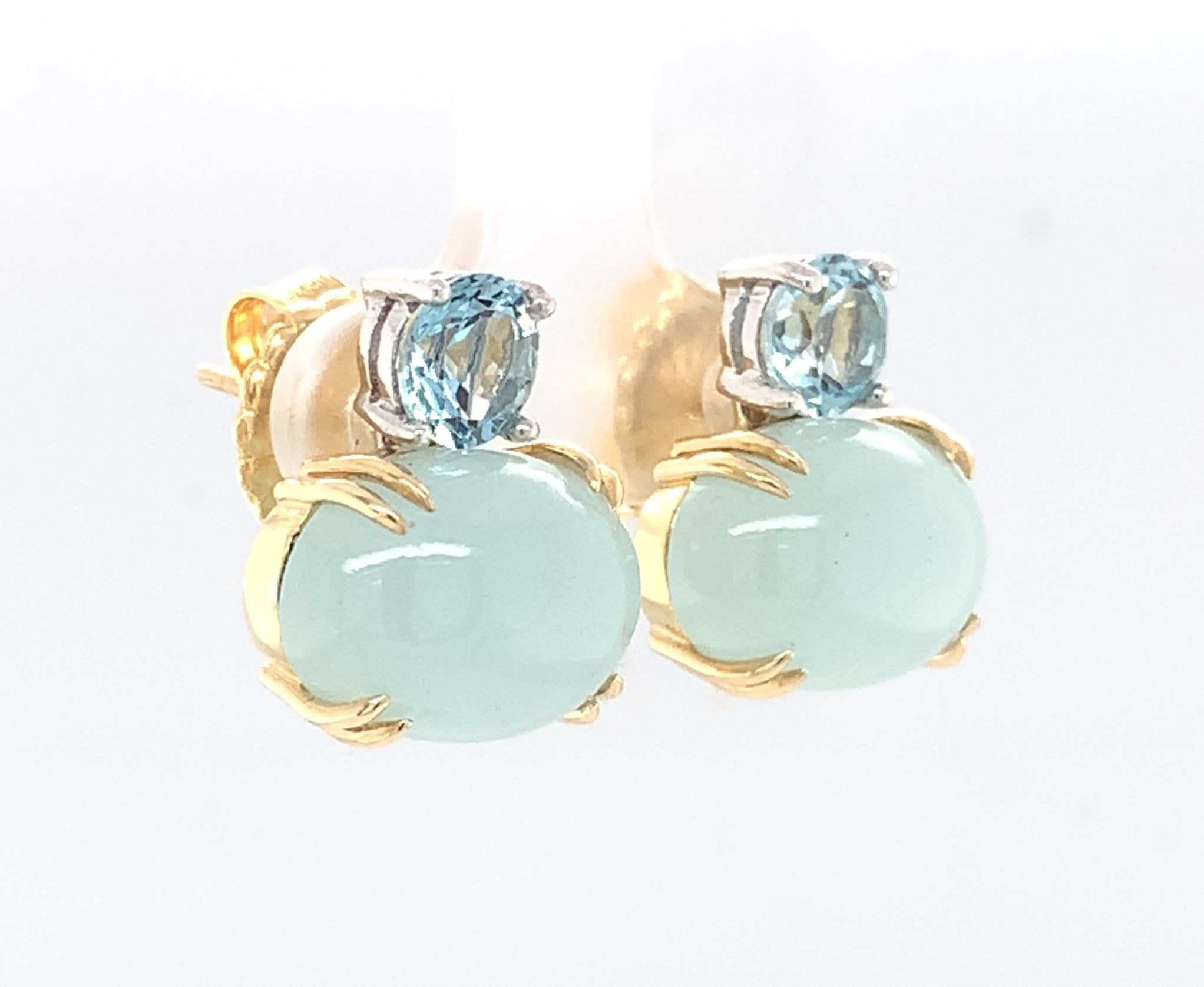 Faceted and Cabochon Aquamarine, Yellow, White Gold Post Drop Earrings 2