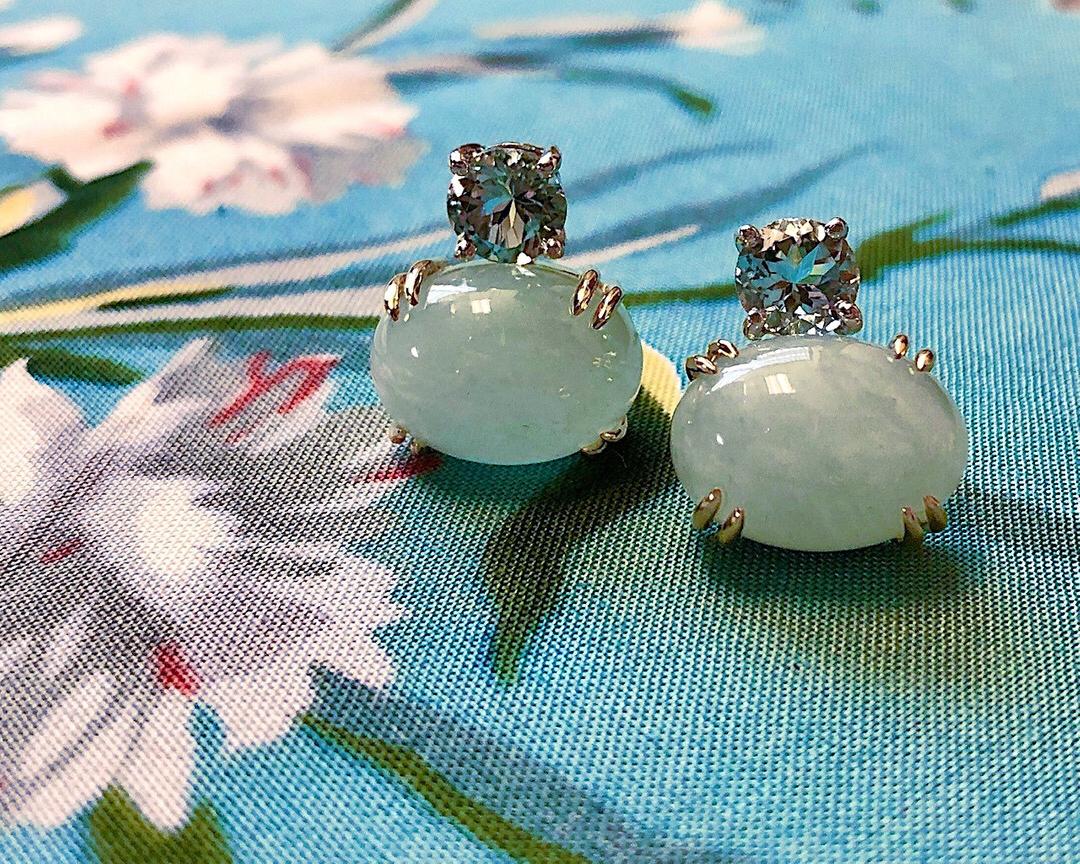 Faceted and Cabochon Aquamarine, Yellow, White Gold Post Drop Earrings 3