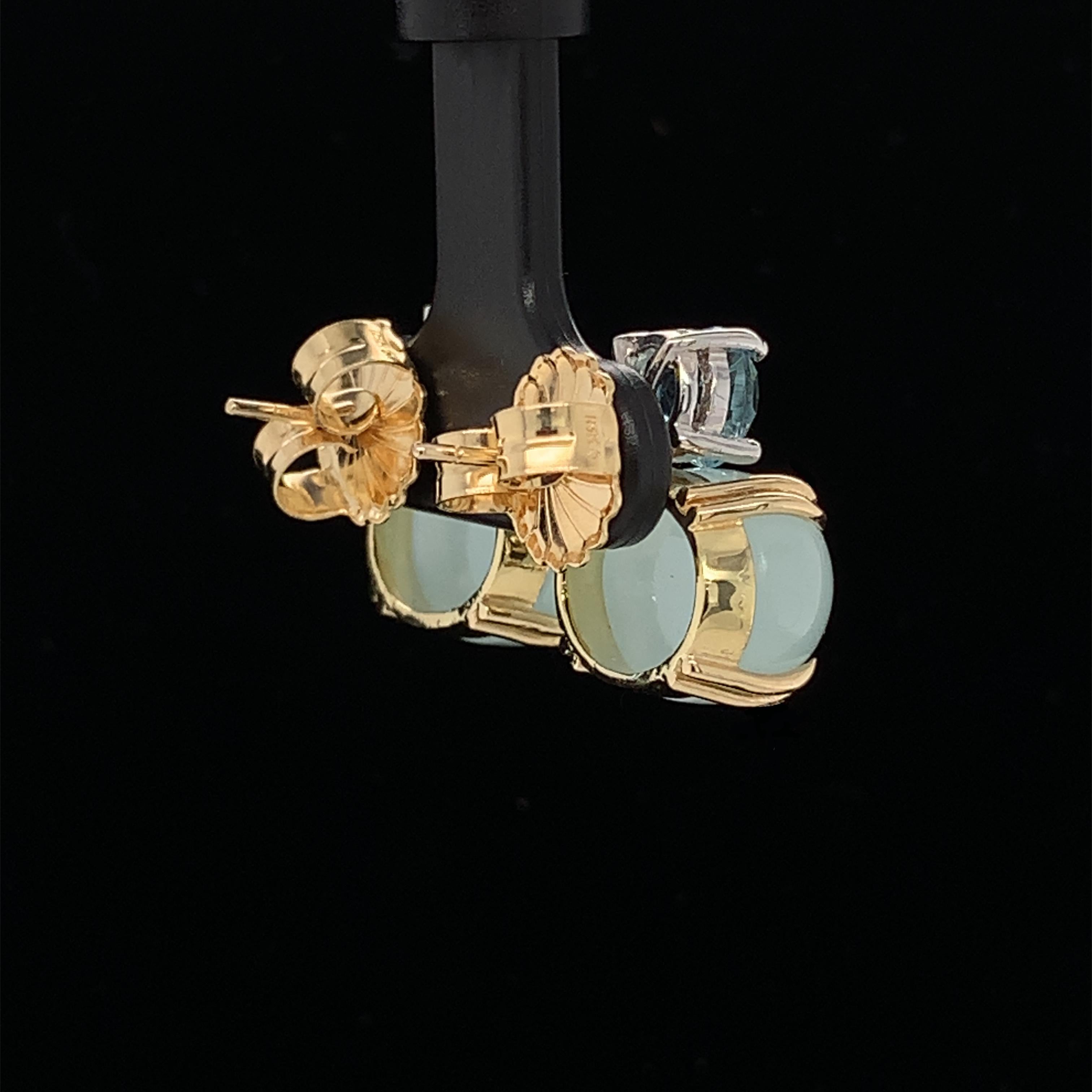 Artisan Faceted and Cabochon Aquamarine, Yellow, White Gold Post Drop Earrings
