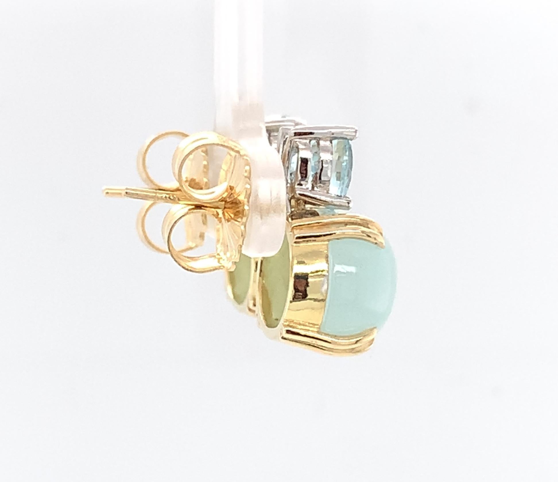 Faceted and Cabochon Aquamarine, Yellow, White Gold Post Drop Earrings 1