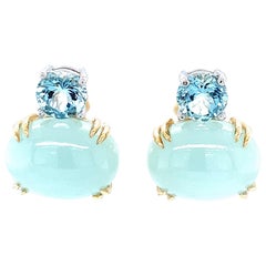 Faceted and Cabochon Aquamarine, Yellow, White Gold Post Drop Earrings