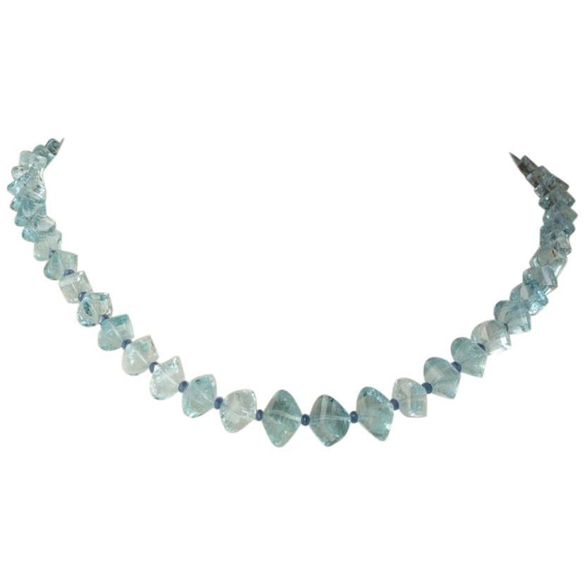 Cushion Cut Aquamarine and Sapphire Beaded Necklace by Deborah Lockhart Phillips For Sale