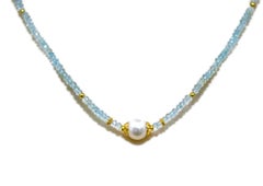 Faceted Aquamarine Necklace with Pearl and 18 Karat Yellow Gold Findings