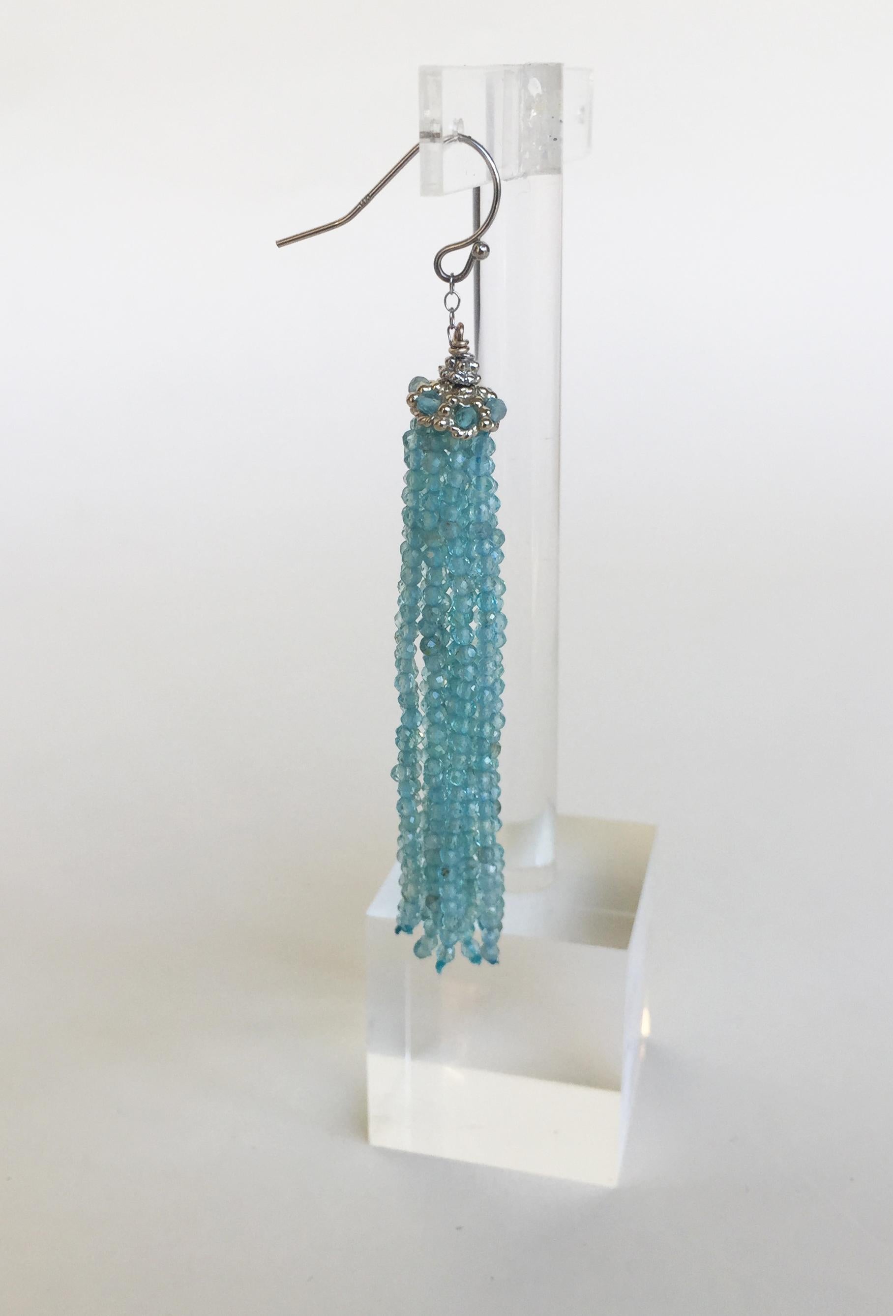 Bead Marina J Faceted Aquamarine Tassel Earrings with 14 K White Gold Chain and Hook