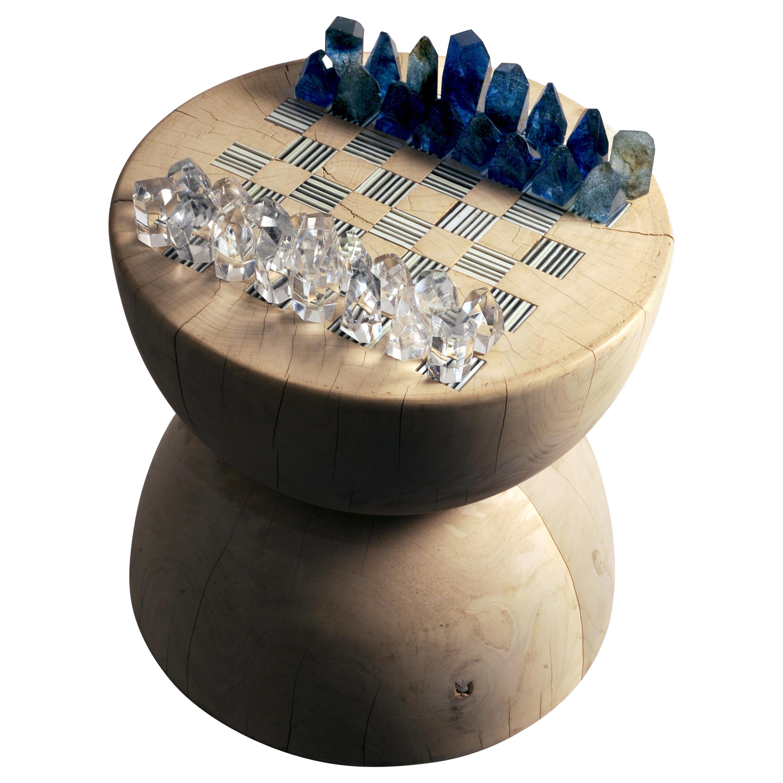 Facettiertes Kunstglas Schach und Holz gedrechselt Tisch