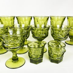 Faceted Avocado Green Kings Crown Indiana Thumbprint Stem Glasses, Set of 19