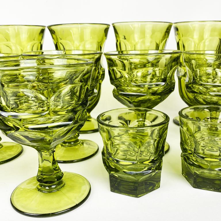 Set of 5 Vintage Green Wine Glasses Heavy Thick 10 ounce Ice Tea or Water Goblets from the 1970's