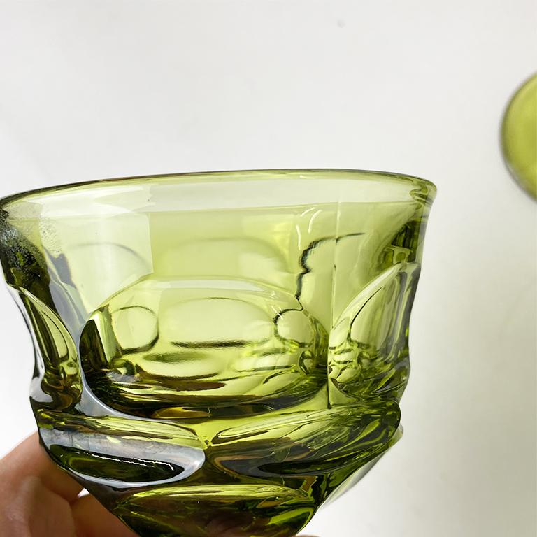 Mid-Century Modern Faceted Avocado Green Kings Crown Indiana Thumbprint Stem Glasses, Set of 19 For Sale