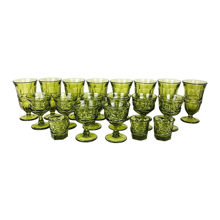 Faceted Avocado Green Kings Crown Indiana Thumbprint Stem Glasses, Set of 19