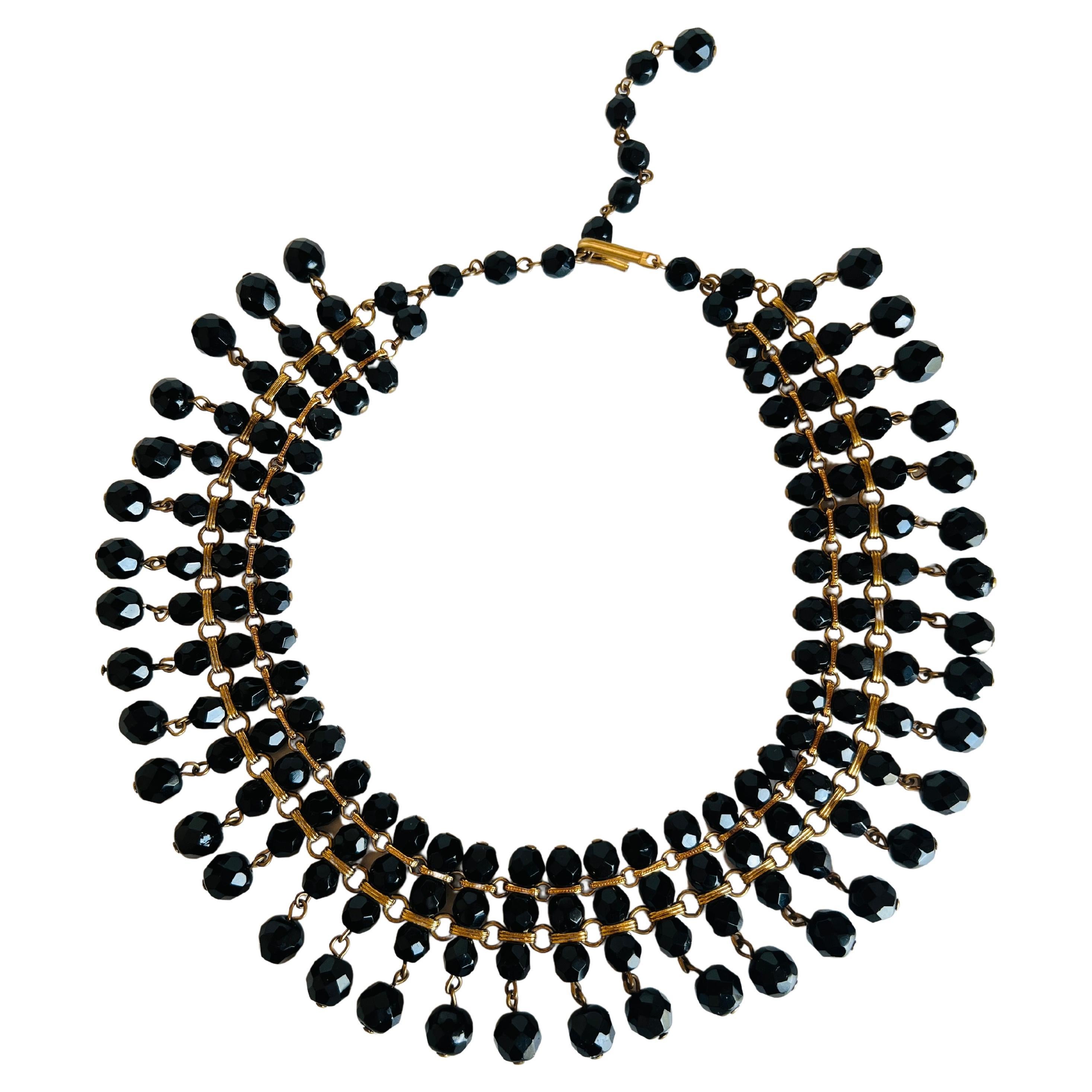 Faceted Beaded Black Gold Dangle Choker Bib Collar Statement Necklace For Sale
