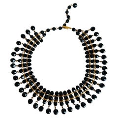 Faceted Beaded Black Gold Dangle Choker Bib Collar Statement Necklace