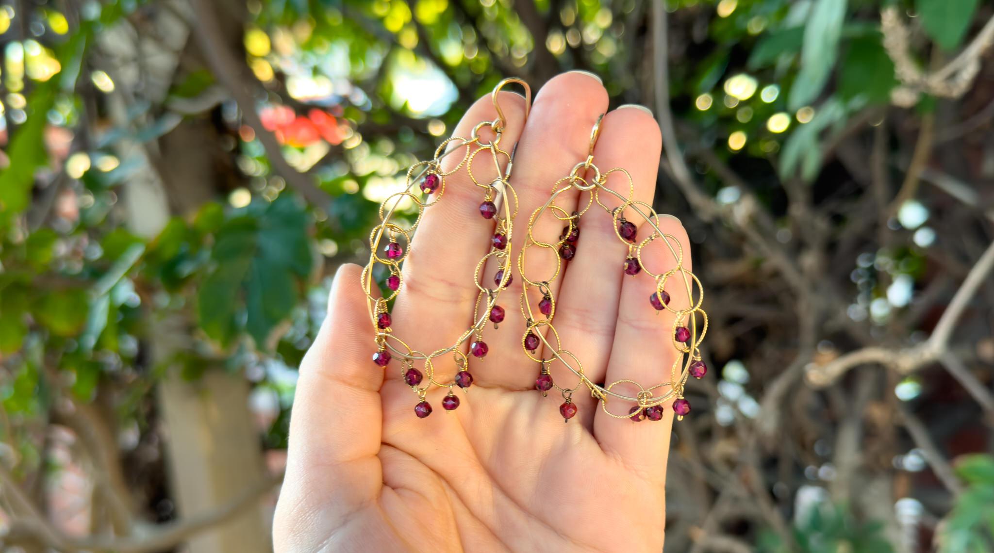 Early Victorian Faceted Beaded Garnet Earrings 14k Rose Gold For Sale