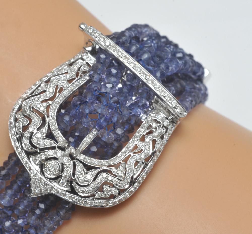 Round Cut Tanzanite, Diamond and 18 Karat White Gold Buckle Beaded Bracelet For Sale