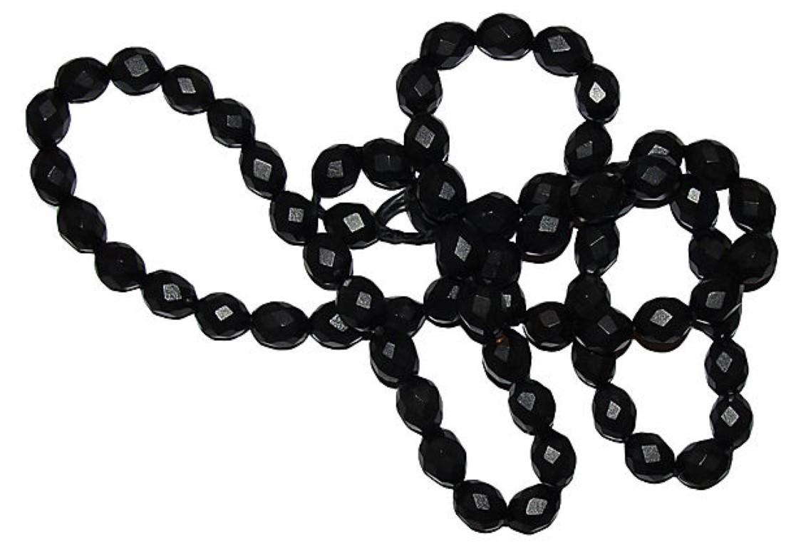 19th-century faceted black Bakelite bead necklace. Endless; no clasp. No maker's mark.
