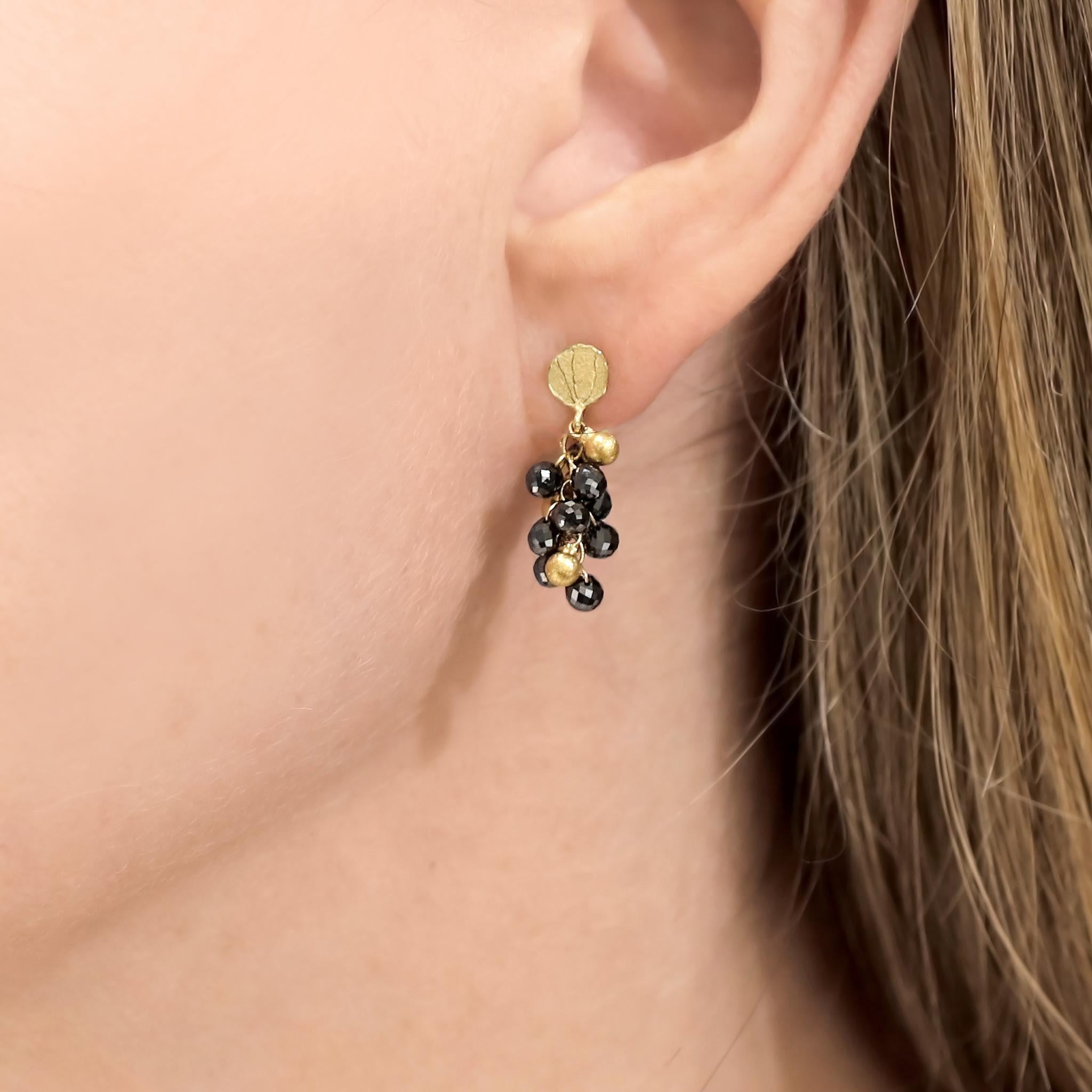 Petal Top Navette Drop Earrings hand-fabricated by award winning jewelry maker Barbara Heinrich featuring 5.30 carats of shimmering faceted black diamond briolettes accented with signature-finished solid 18k yellow gold smooth drops and finished