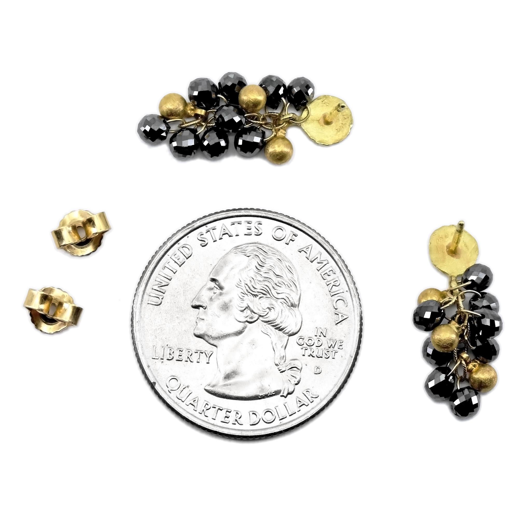 Artist Faceted Black Diamond Briolette Petal Top Dangle Drop Earrings, Barbara Heinrich For Sale
