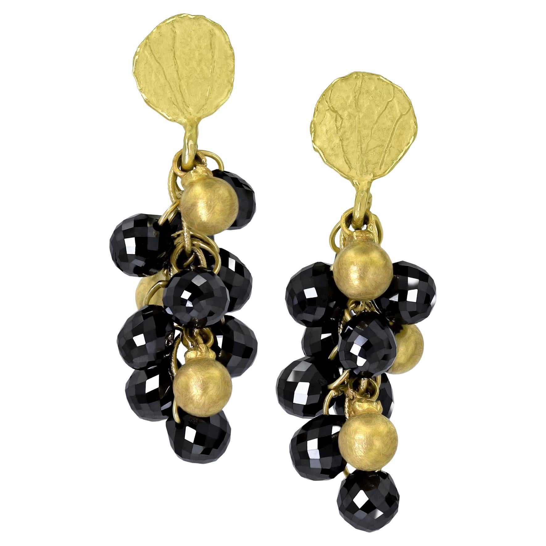 Faceted Black Diamond Briolette Petal Top Dangle Drop Earrings, Barbara Heinrich For Sale