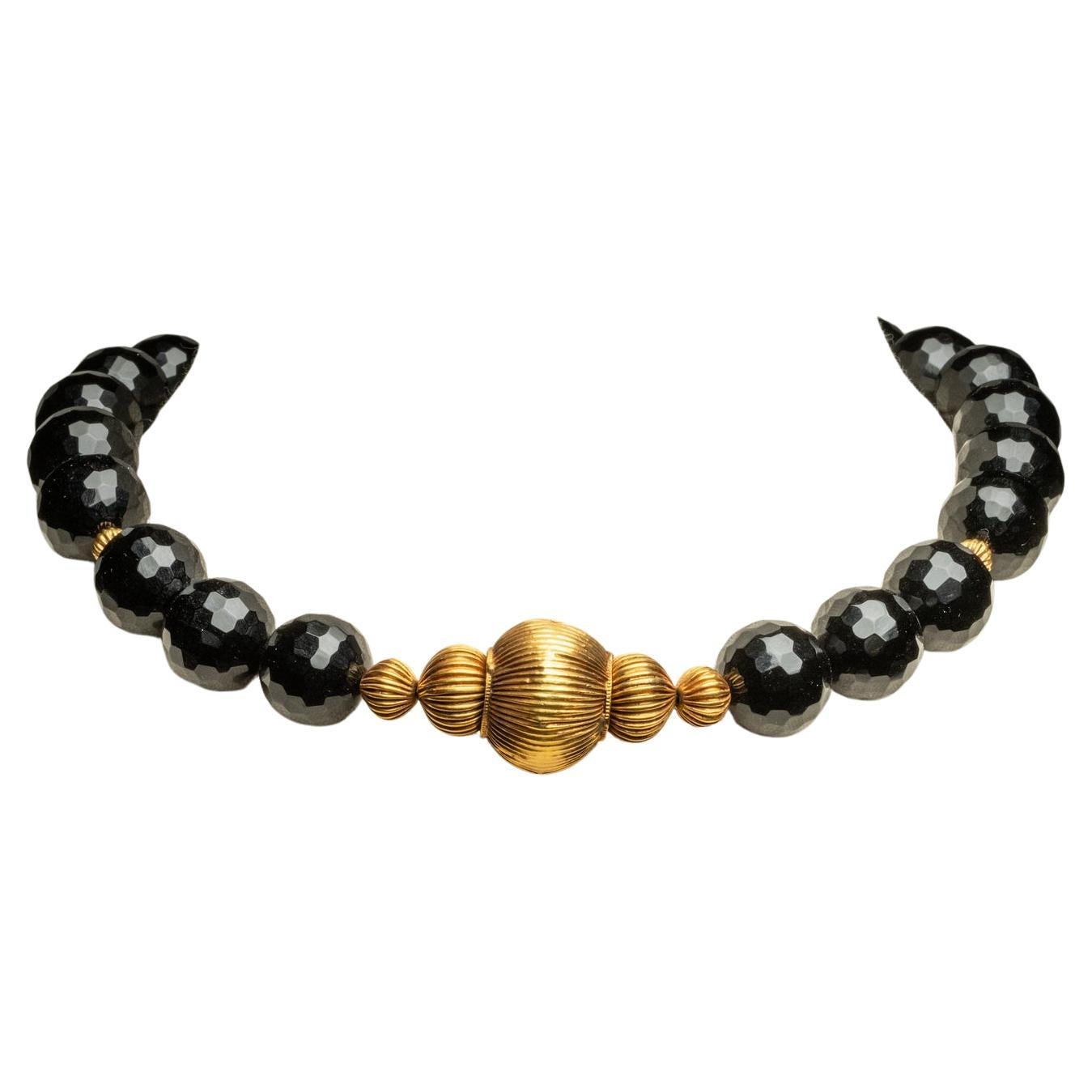 Collana di perline in oro 22 carati e onice nera sfaccettata