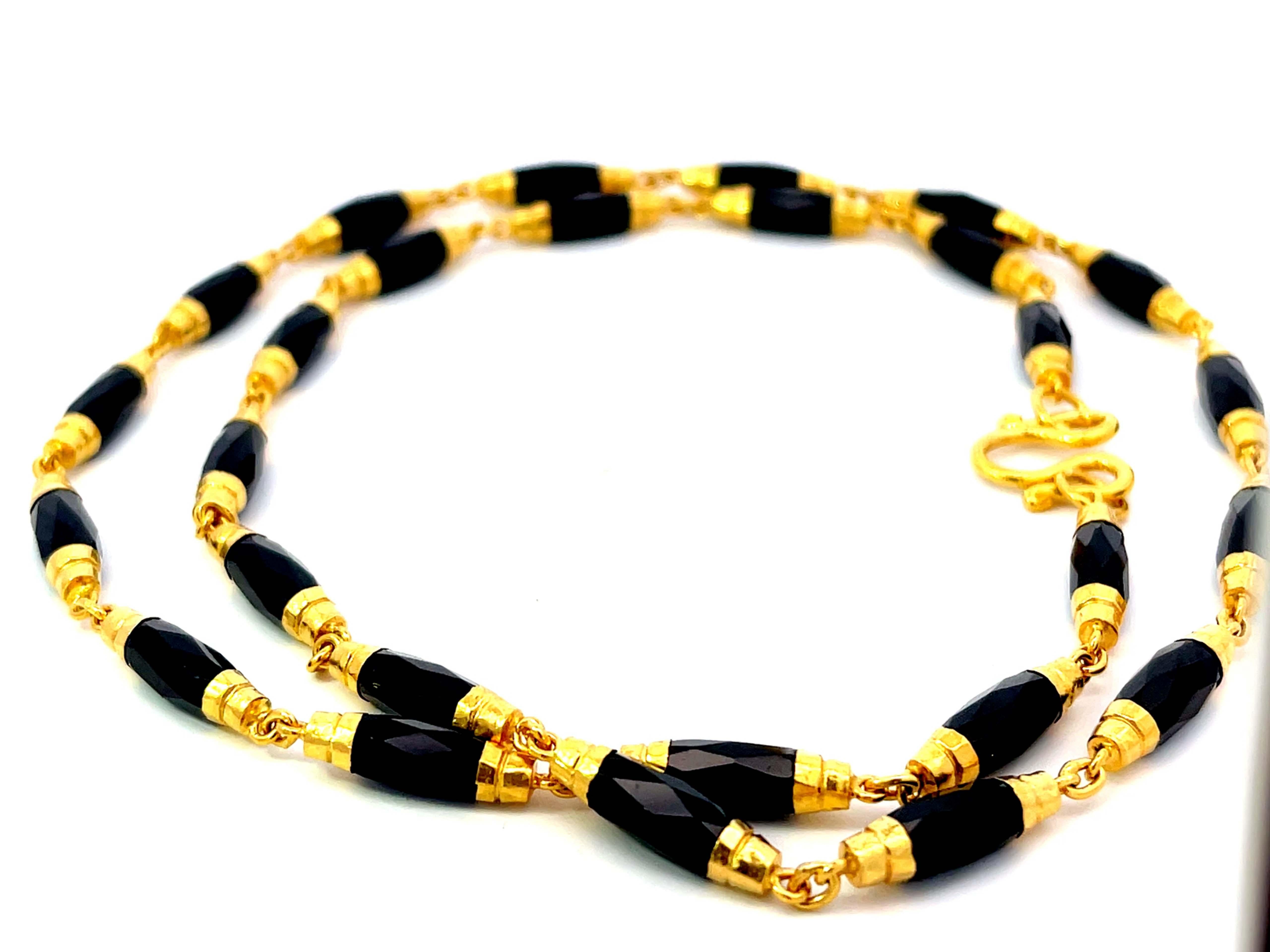 Modern Faceted Black Onyx Gold Beaded Necklace 22k Yellow Gold For Sale