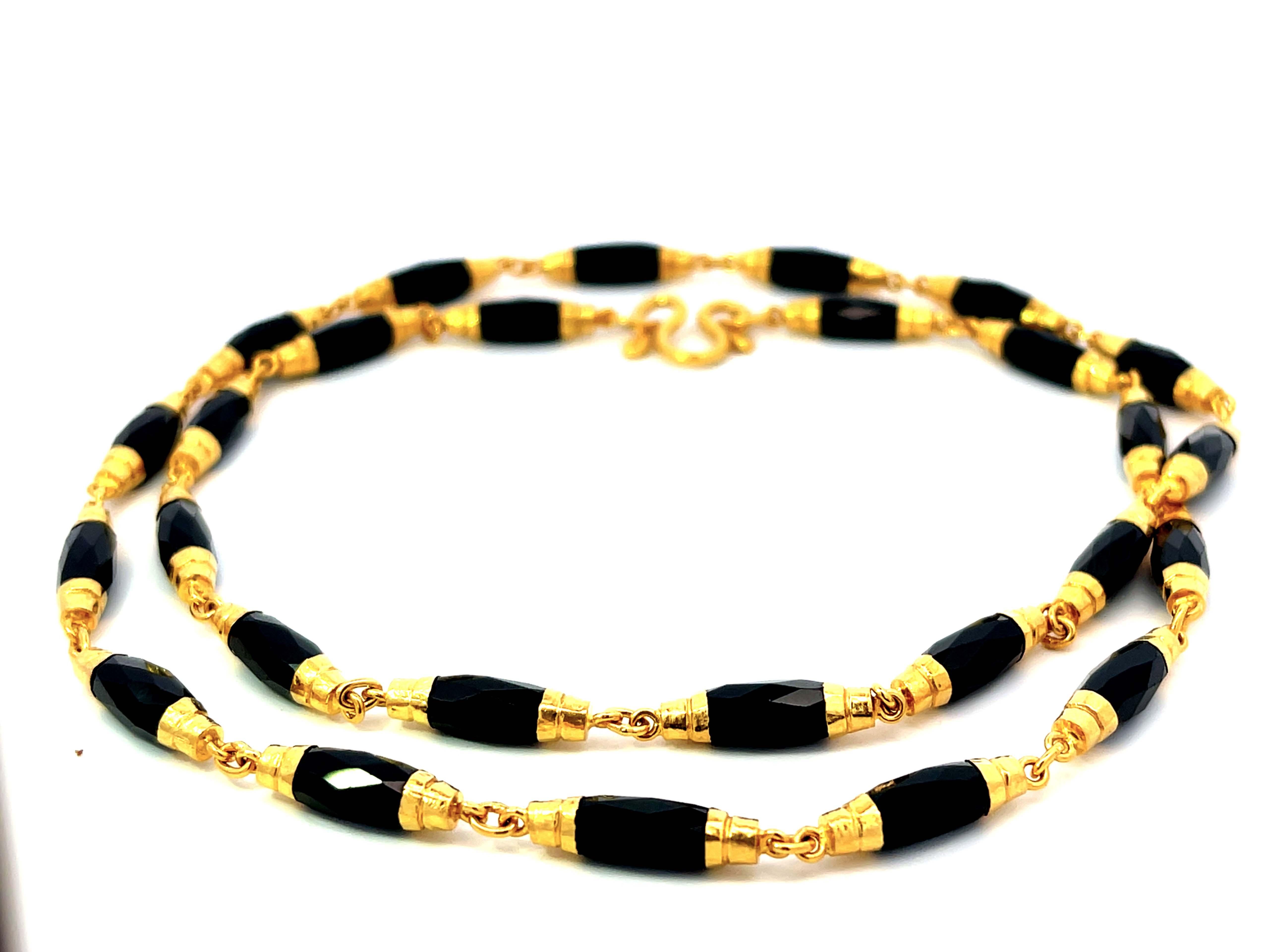 Faceted Black Onyx Gold Beaded Necklace 22k Yellow Gold In Excellent Condition For Sale In Honolulu, HI