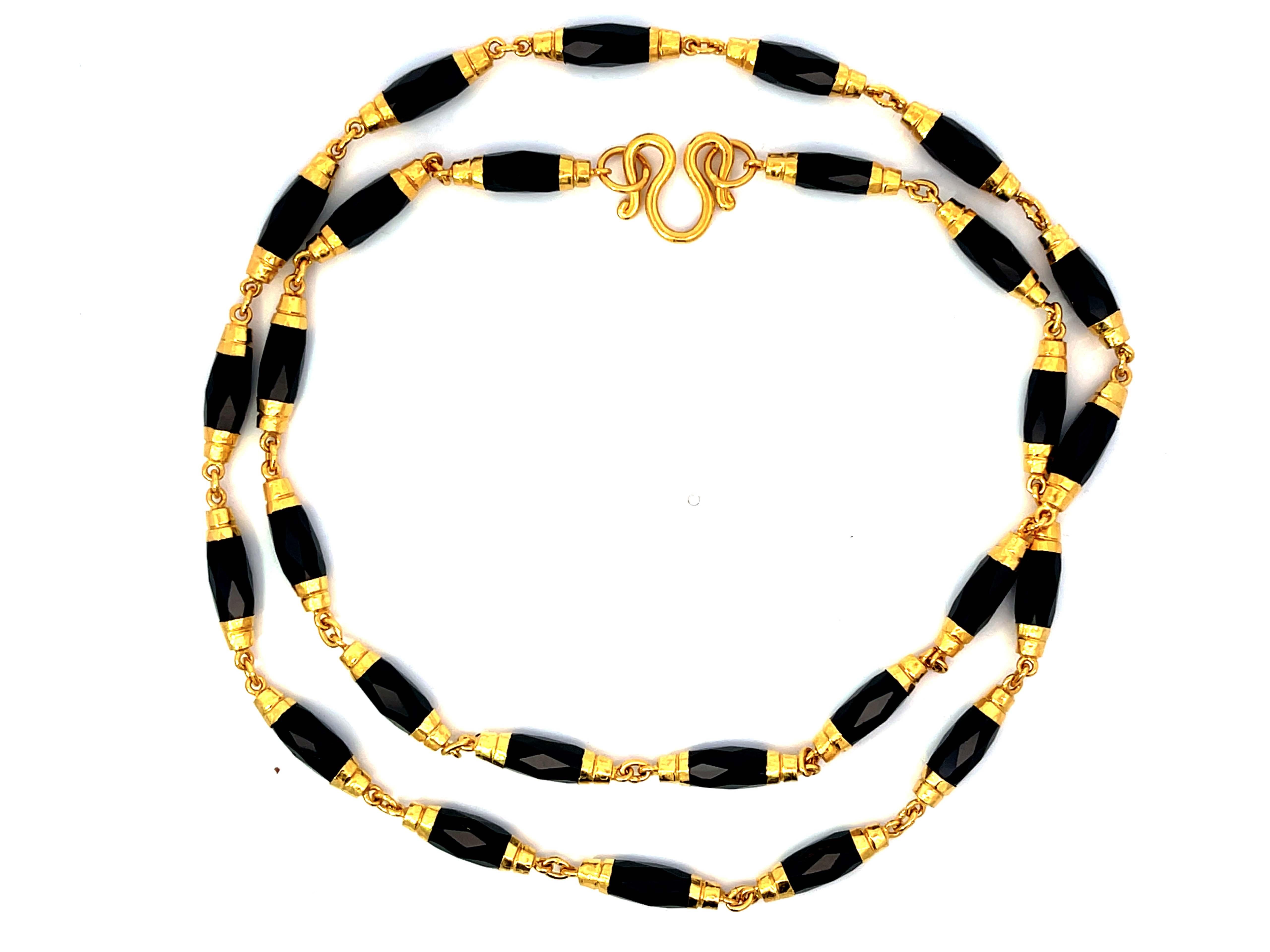 Women's Faceted Black Onyx Gold Beaded Necklace 22k Yellow Gold For Sale
