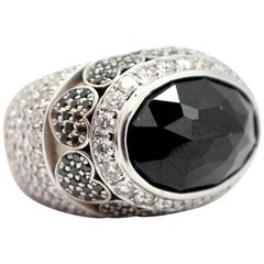 Faceted Black Sapphire and Diamond Ring 18 Karat White Gold