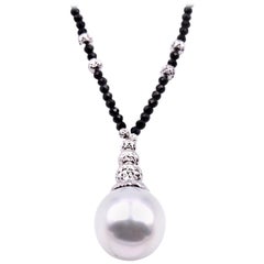 Faceted Black Spinel Bead and White South Sea Pearl Drop Necklace
