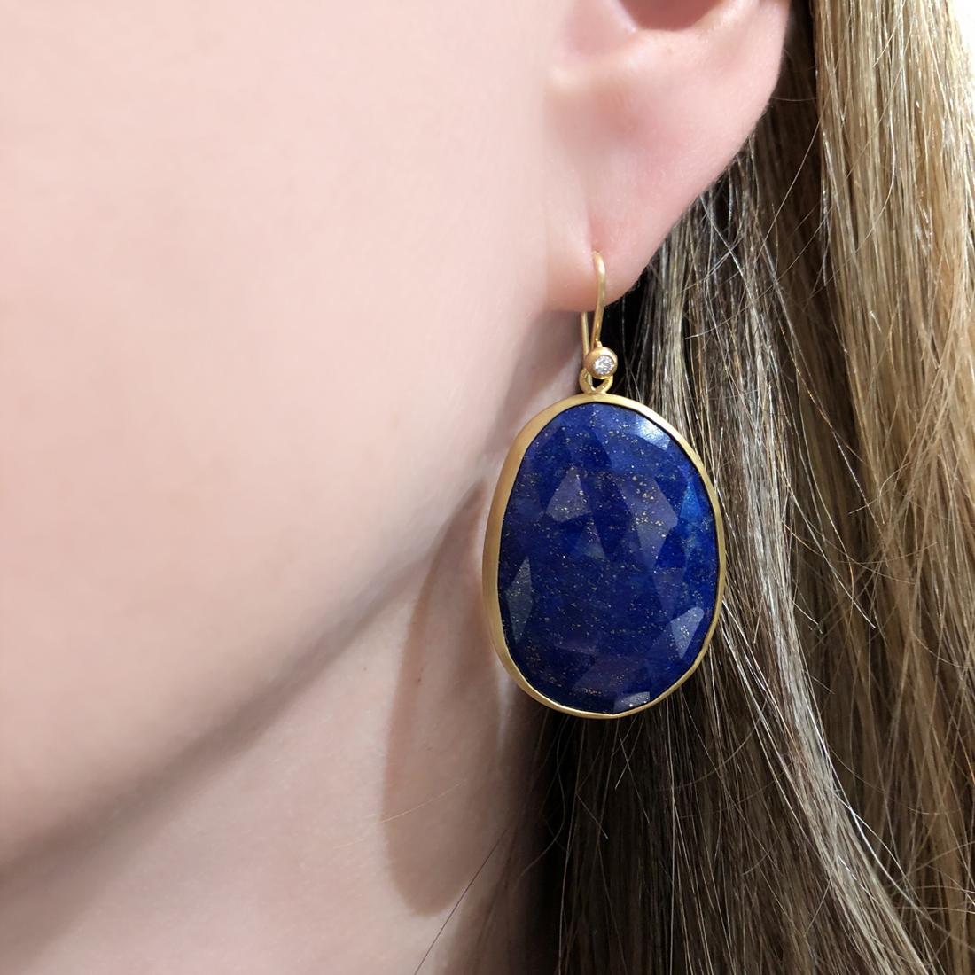 Artist Faceted Blue Gold Lapis Lazuli White Diamond Matte Finish Dangle Drop Earrings