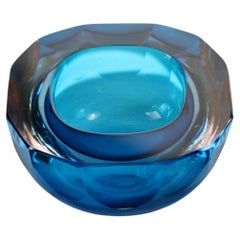Faceted Blue Murano Midcentury Modern 1960s Sommerso Diamond Cut Glass Bowl