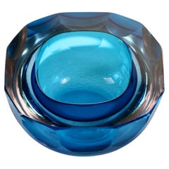 Faceted Blue Murano Midcentury Modern 1960s Sommerso Diamond Cut Glass Bowl